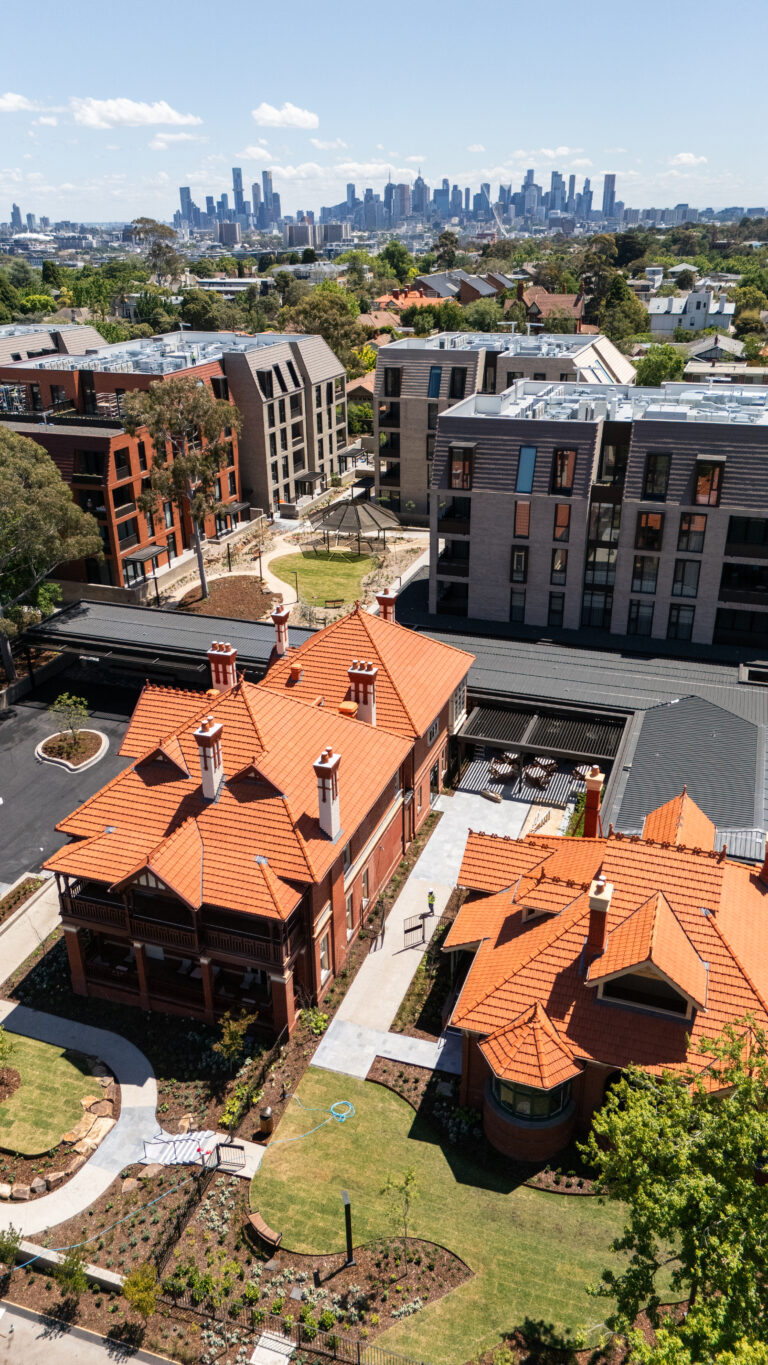 St. Clare retirement precinct showing heritage mansions and new apartment buildings in Kew. Expert carpentry and feature cladding installation by Casello.